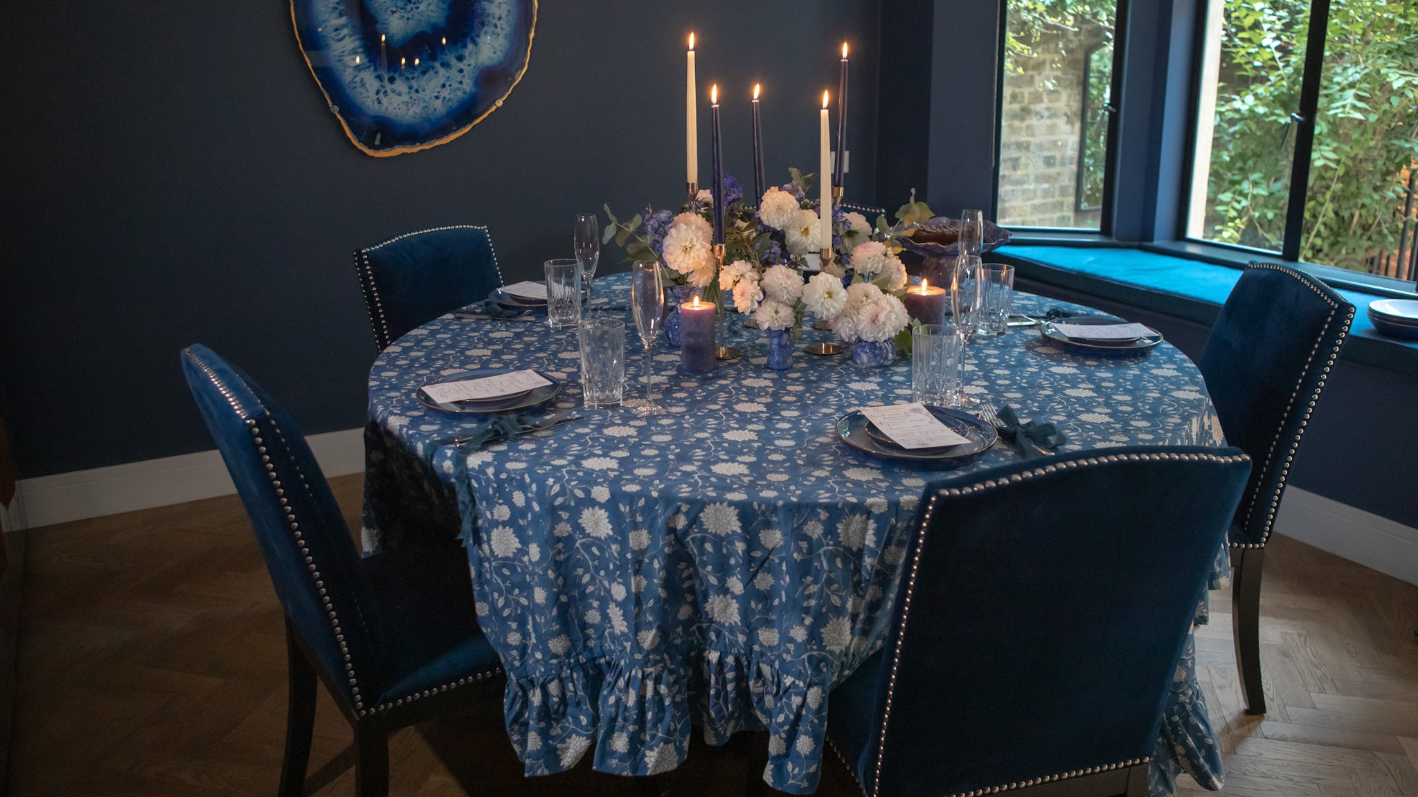 Blue Block Printed Dahlia Jewel Tablecloth