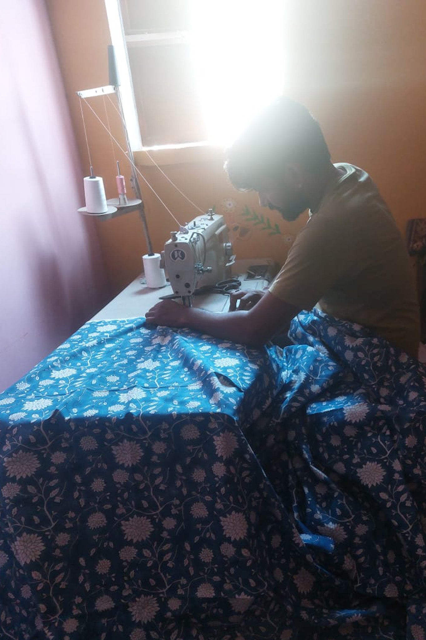 Blue tablecloth at tailor in Jaipur, India