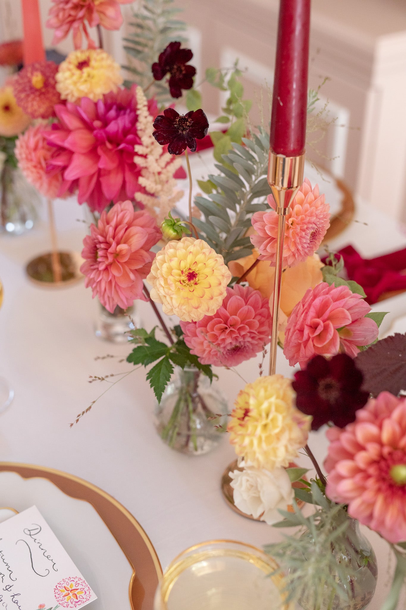 Dahlia flowers on autumn dinner table