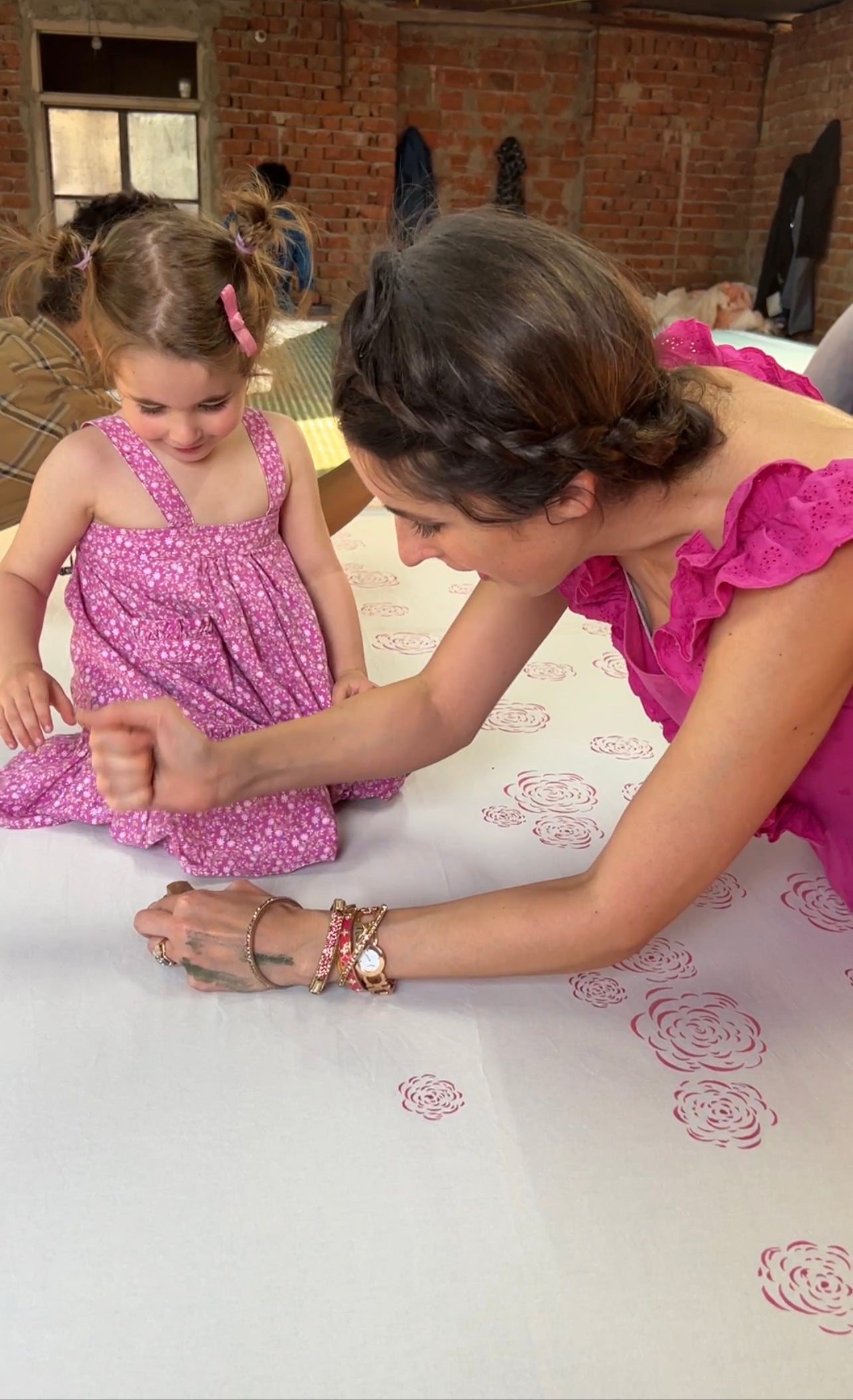 Rosanna Falconer block printing with child