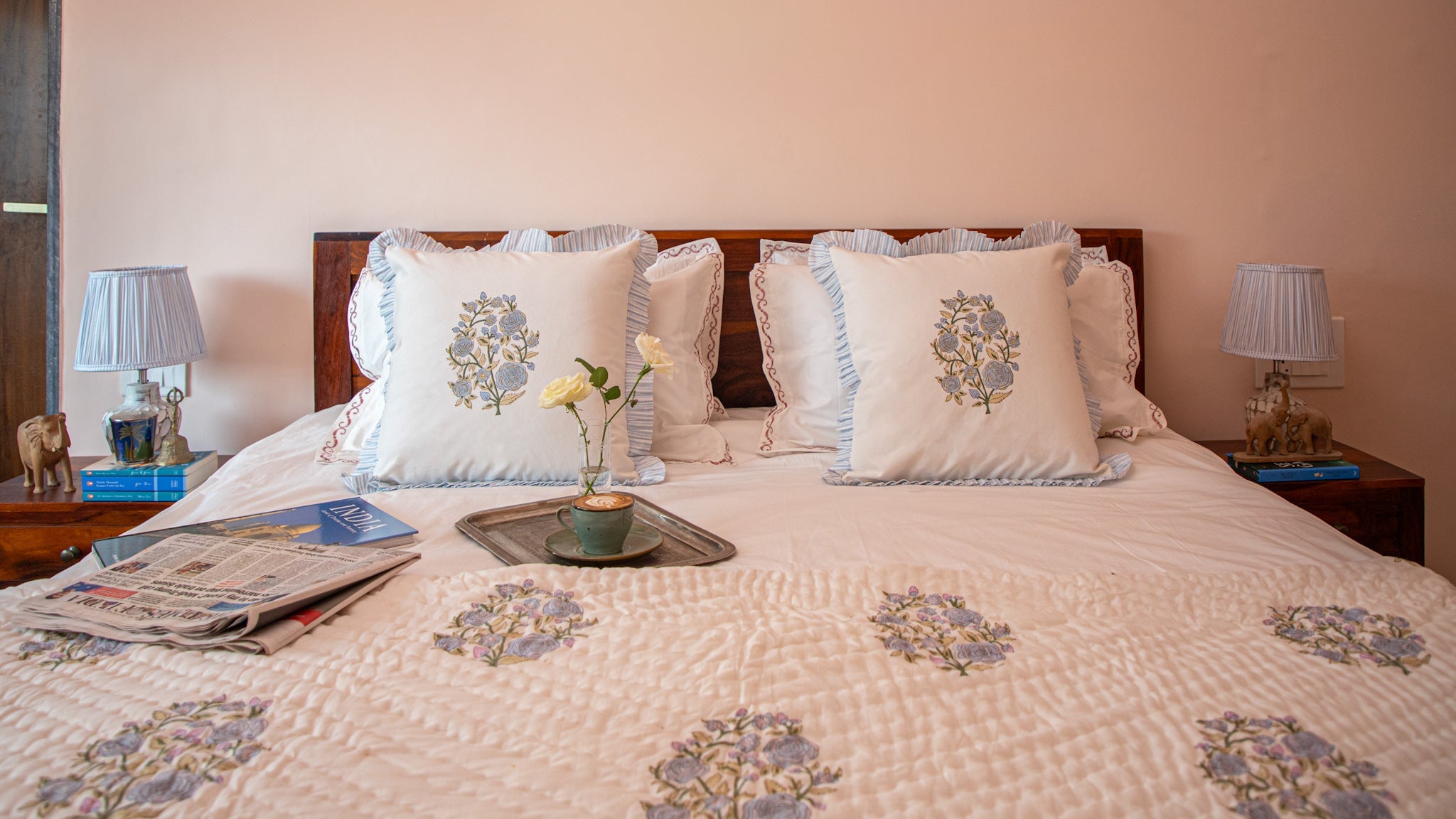 Rose block printed bed quilt