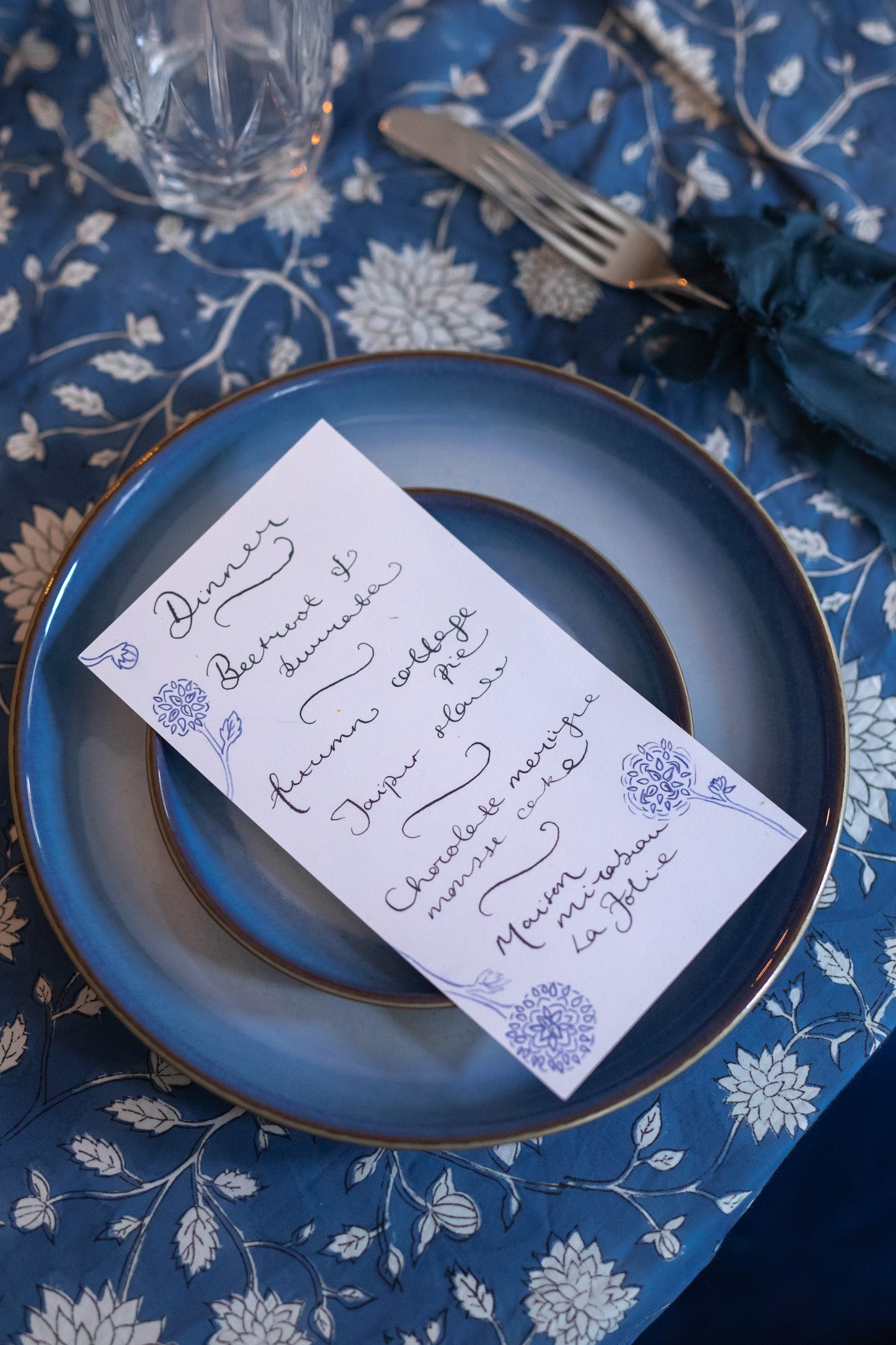 Blue dahlia calligraphy menu