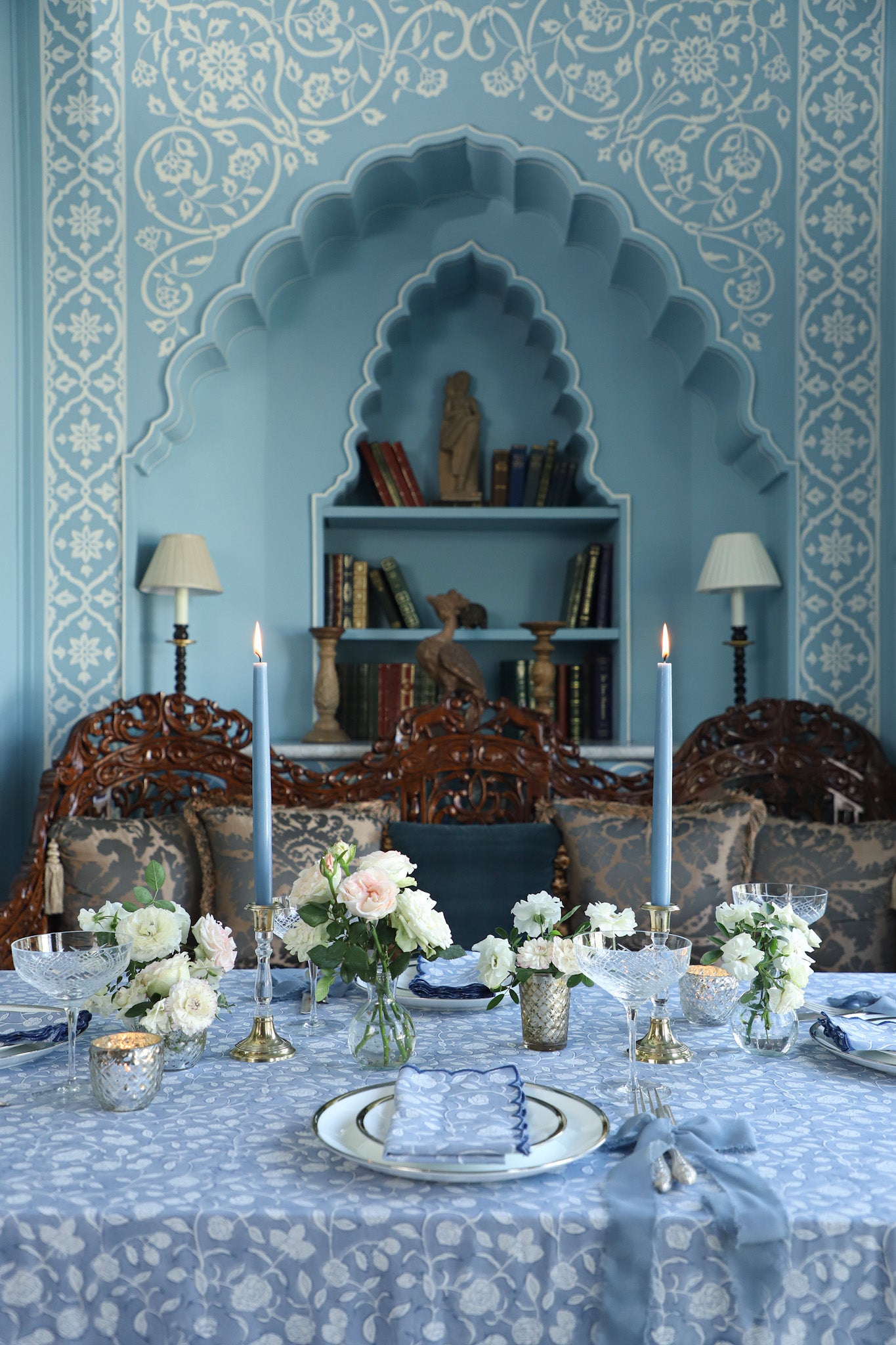 Blue tablescape in writers bar of Raffles Jaipur