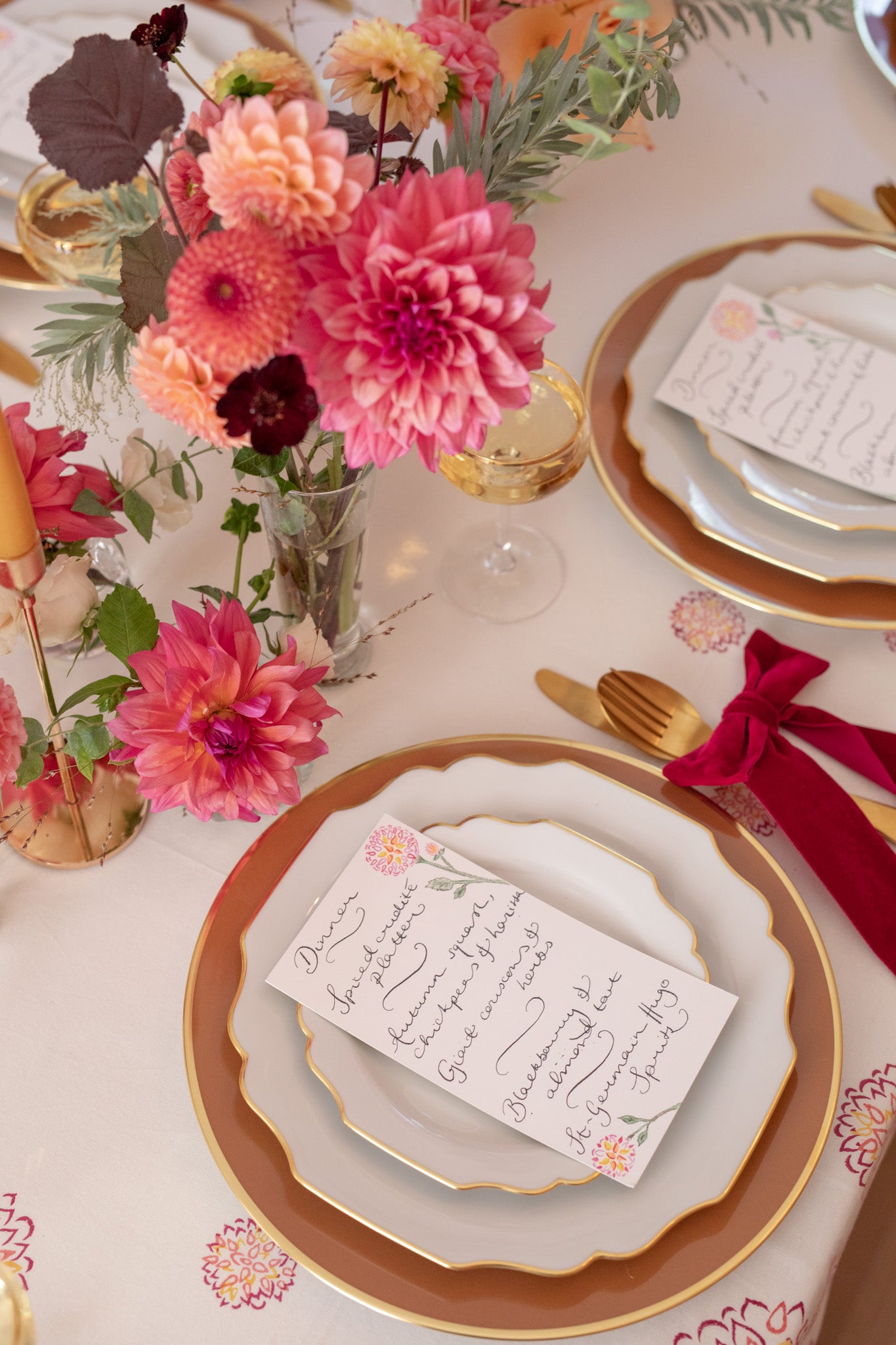 Dahlia tablescape with white plates and brown charger.JPG