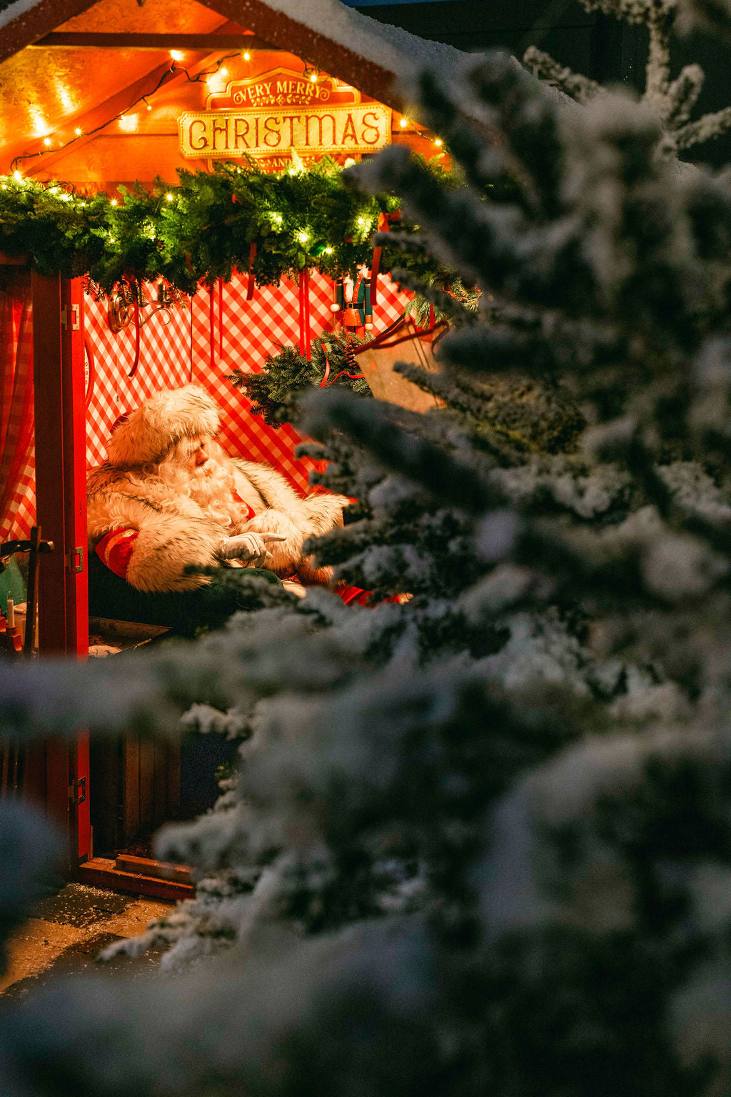Santa Claus figure inside a Christmas-themed booth with snow-covered trees in the foreground.