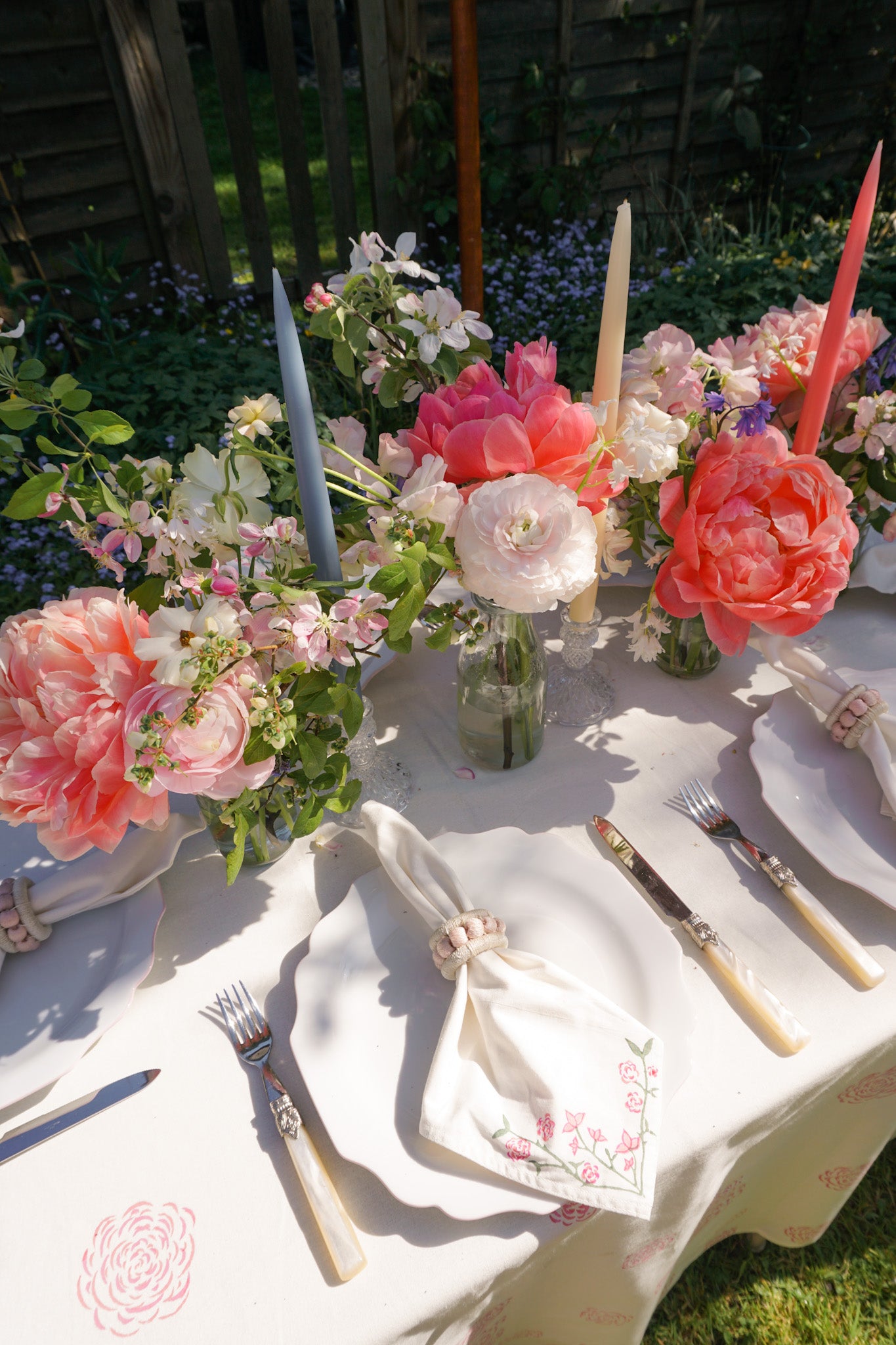 Peonies and spring flowers as tablescape centrepiece