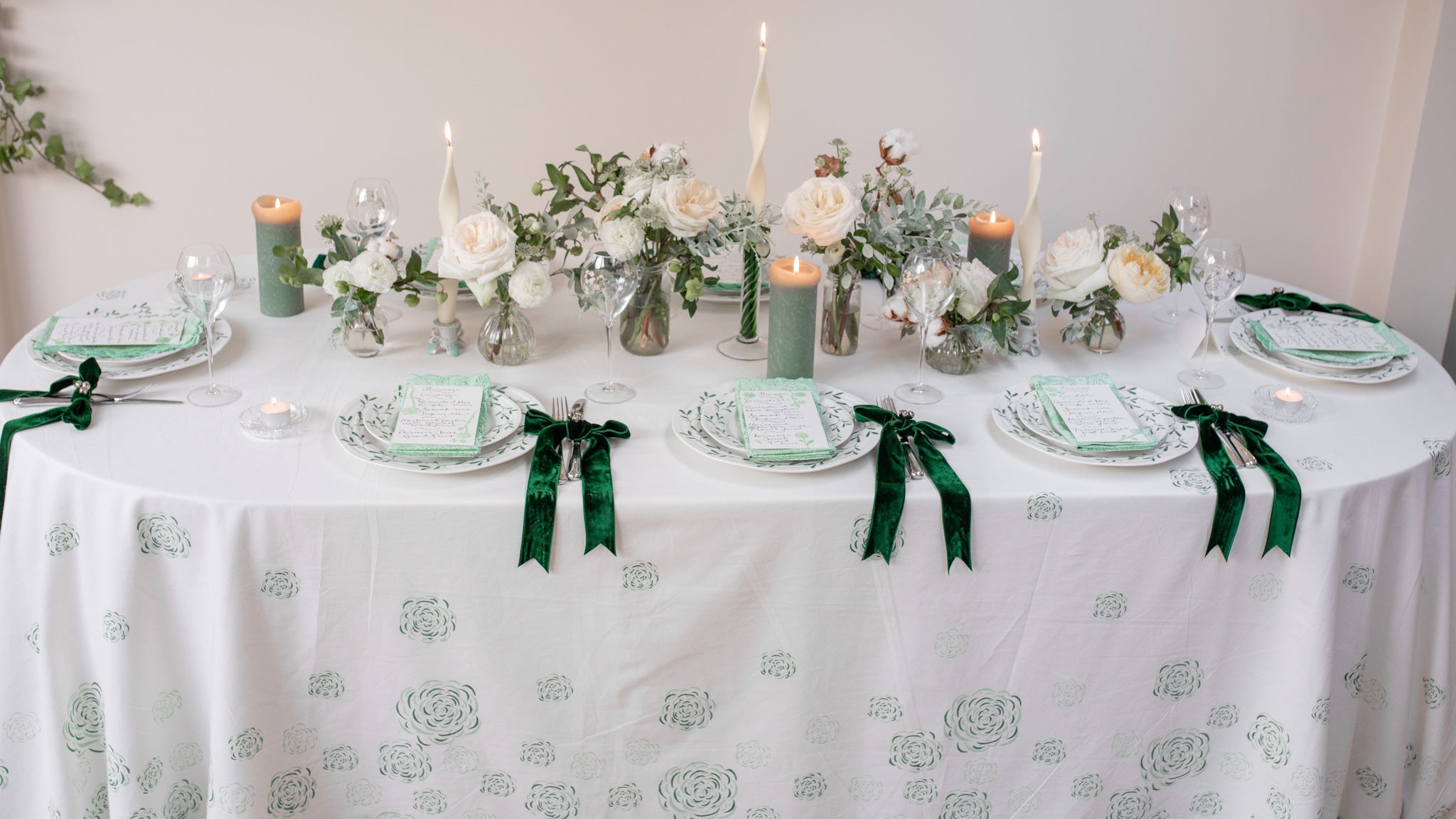 Green Jaipur Bloom block print tablecloth for christmas