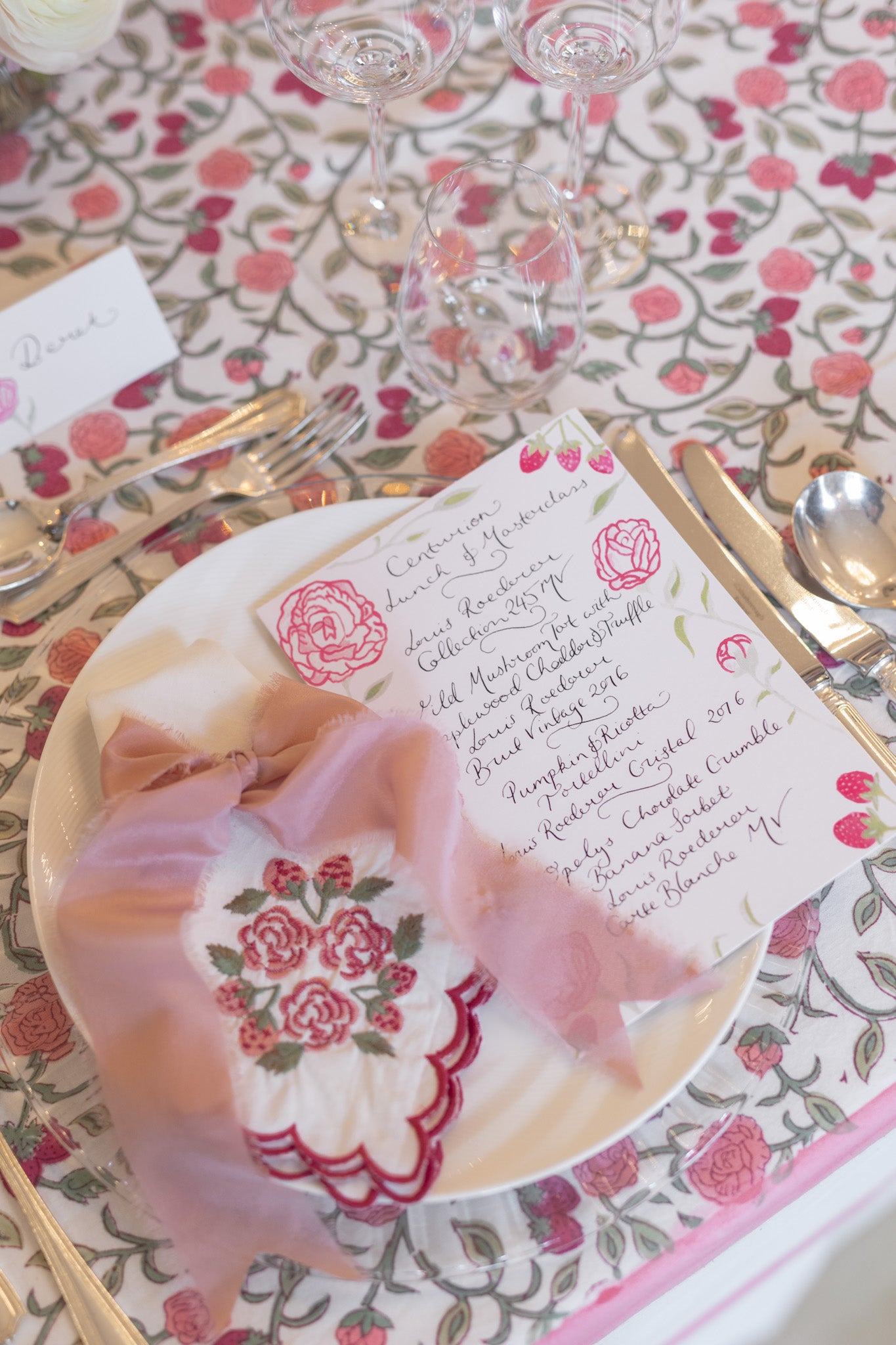 Menu and embroidered rose napkins