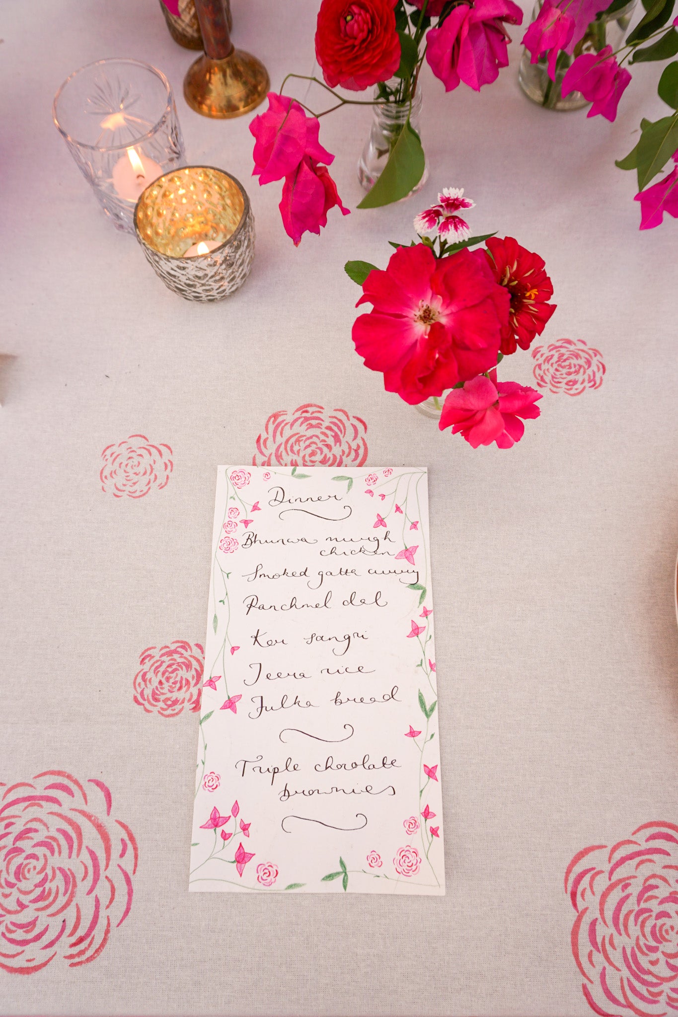 Menu with rose paintings and calligraphy