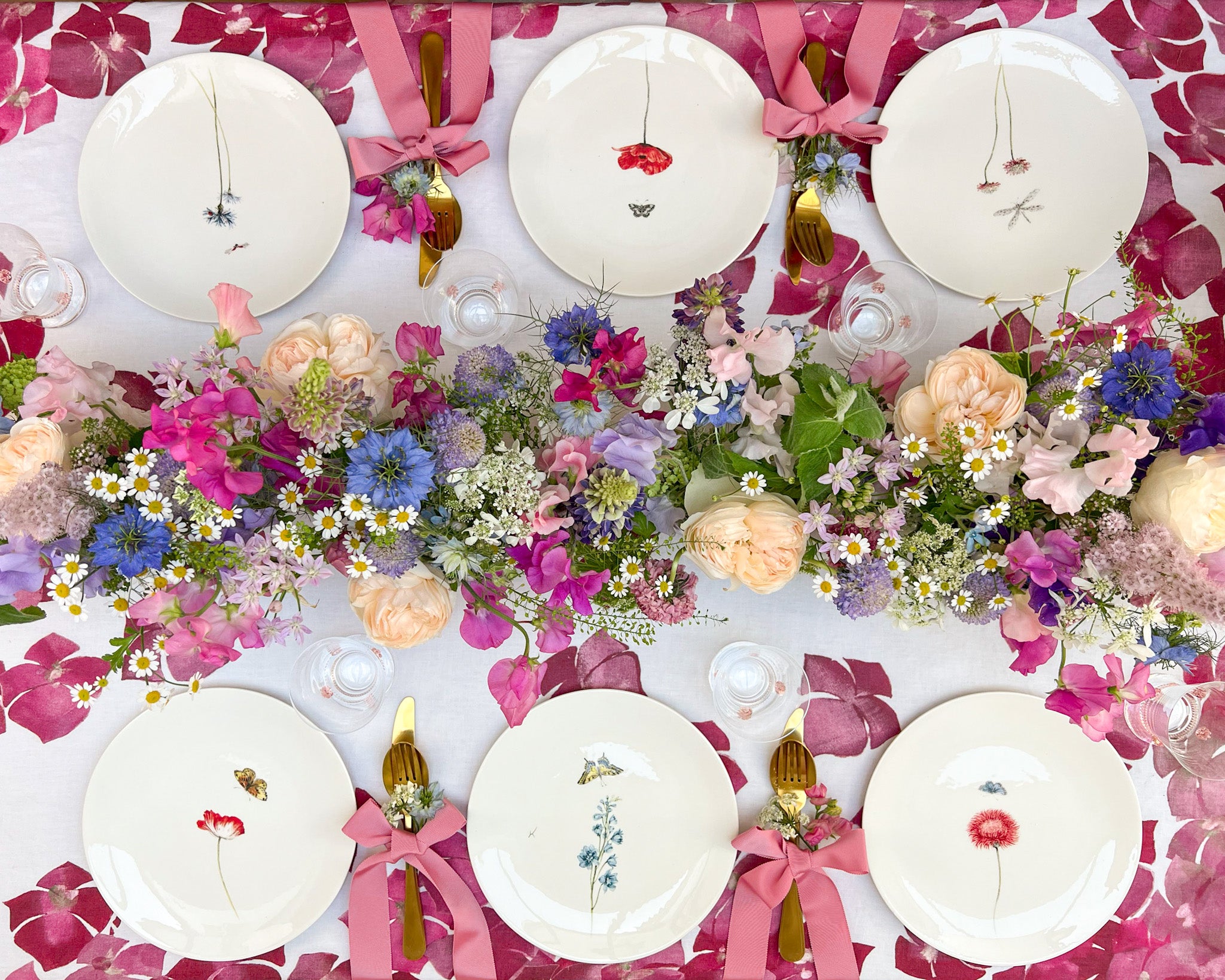 Aerial view of midsummer tablescape by Rosanna Falconer