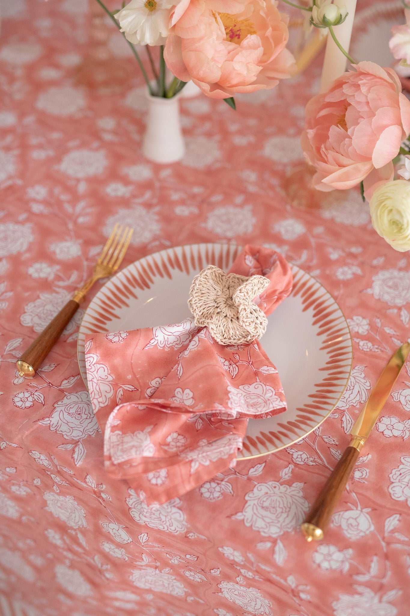 Peony bloom napkin with peony napkin ring detail