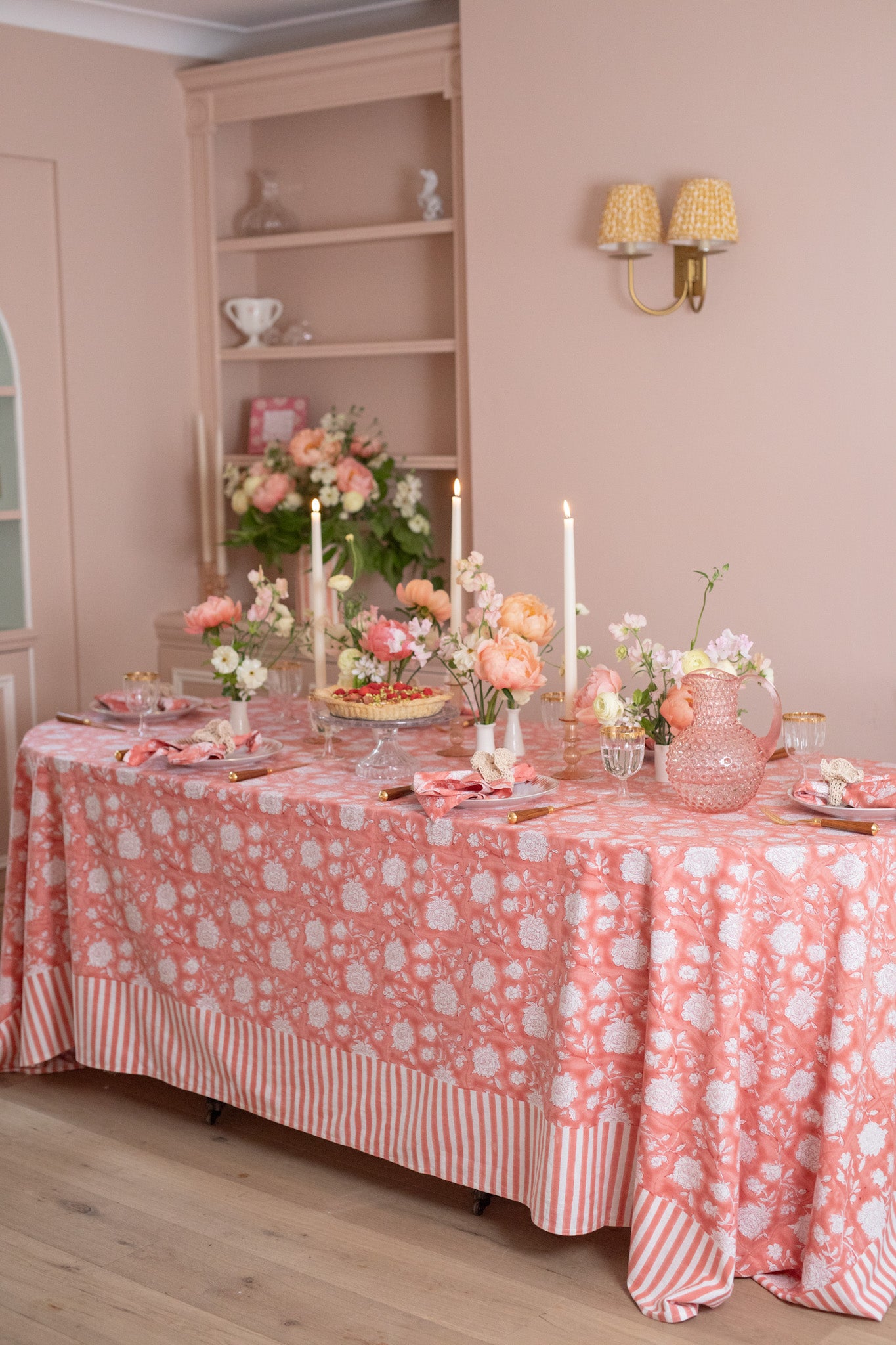Peony bloom tablescape in terracotta Jaipur Pink with peonies