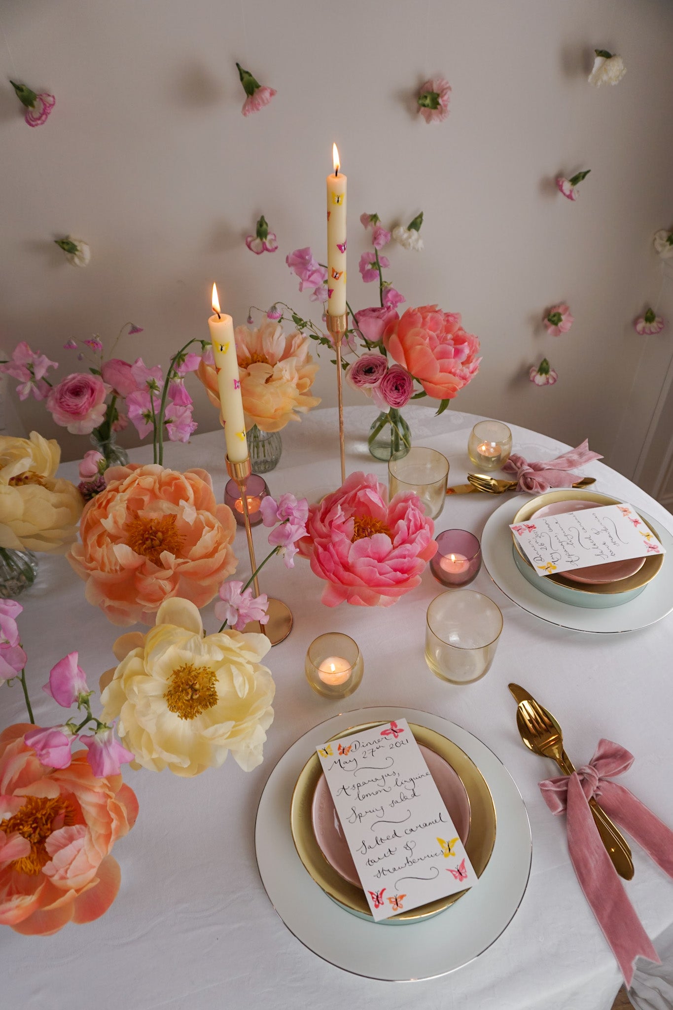 Peony tablescape with butterflies