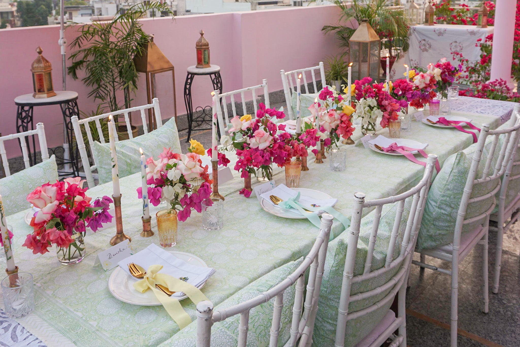 Rainbow floral tablescape in Jaipur by Rosanna Falconer