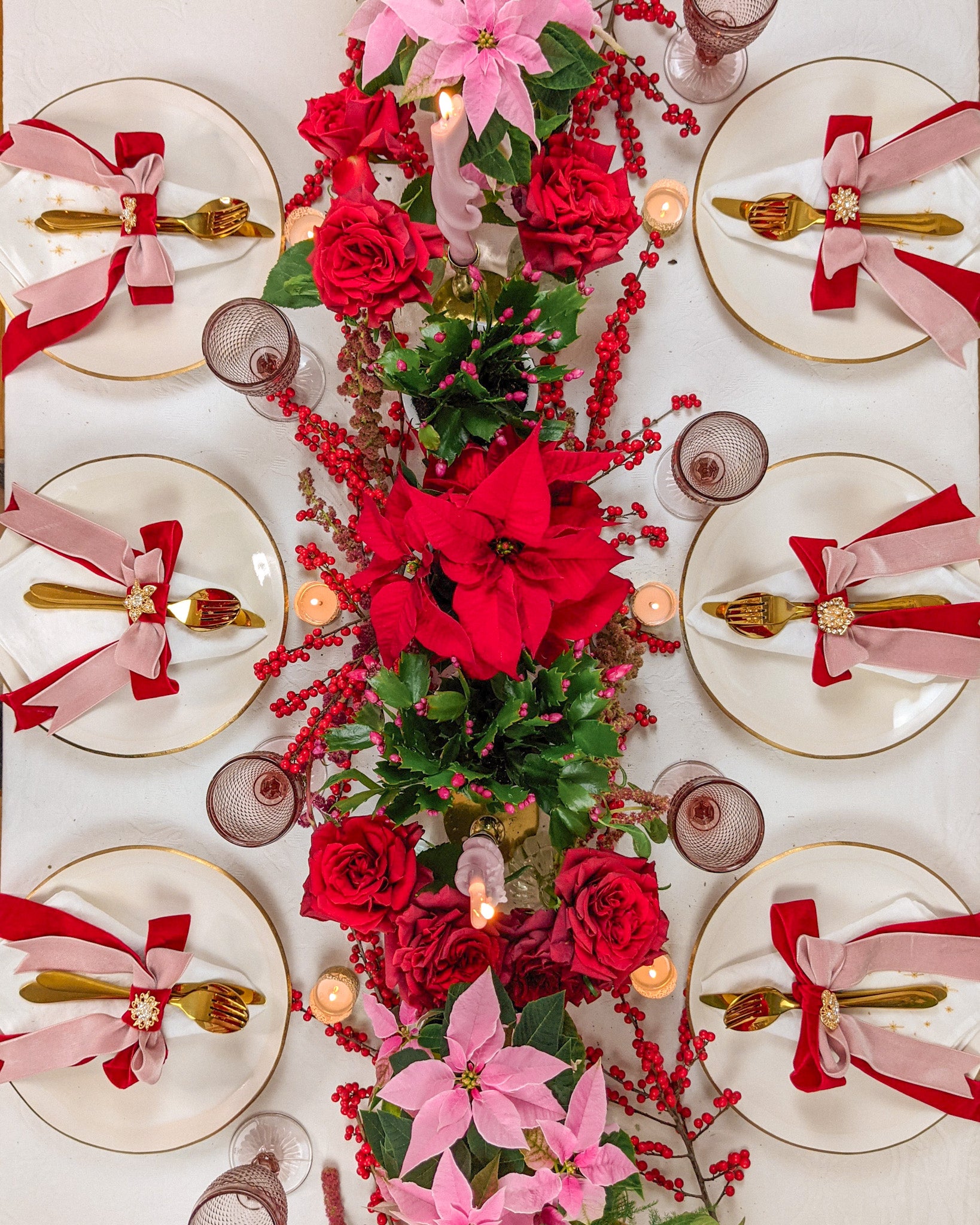Red and pink velvet and house plant tablescape for Christmas
