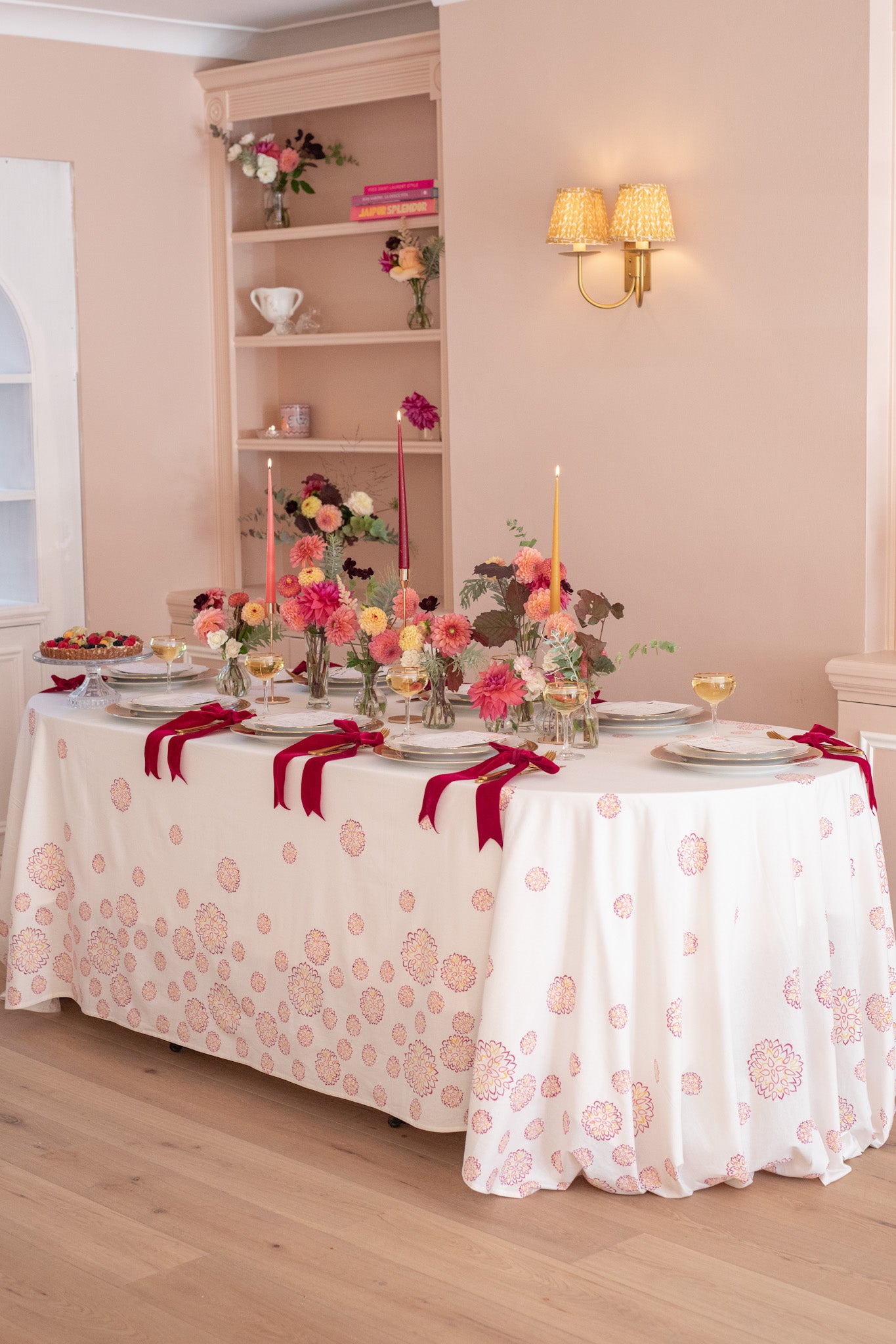 Rosanna Falconer dahlia jewel tablecloth and tablescape with dahlia flowers