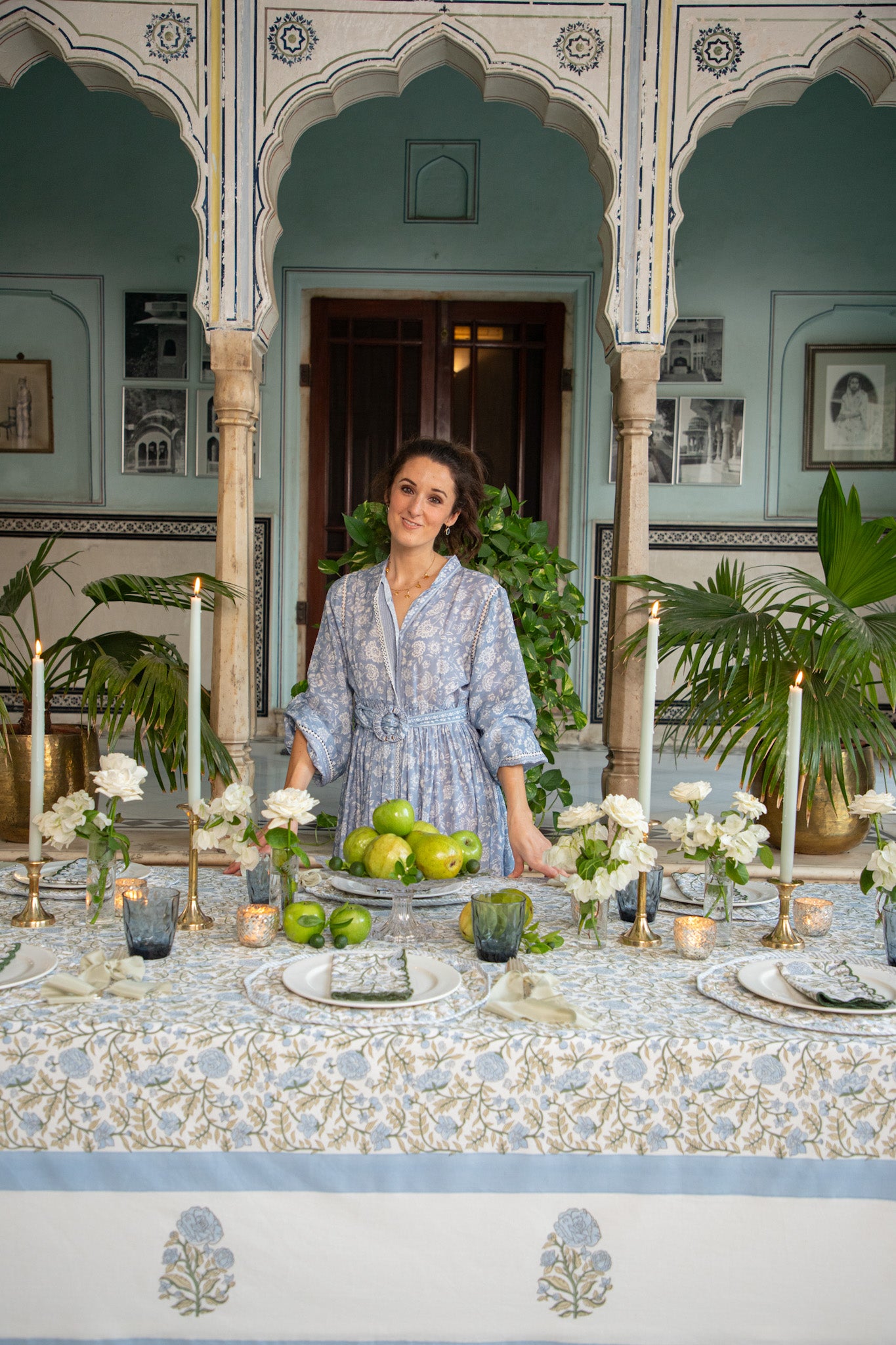 Blue and green table setting at Samode Haveli Jaipur