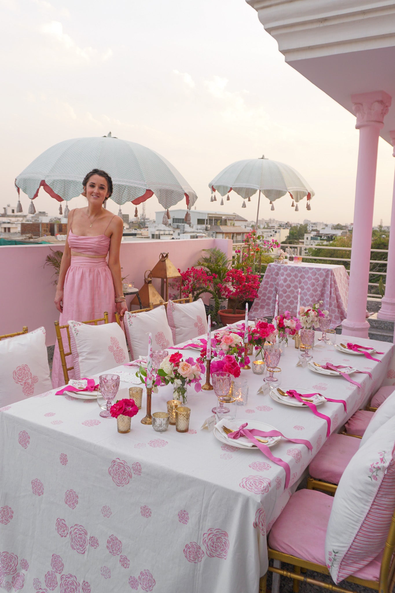 Rosanna Falconer on pink terrace in Jaipur