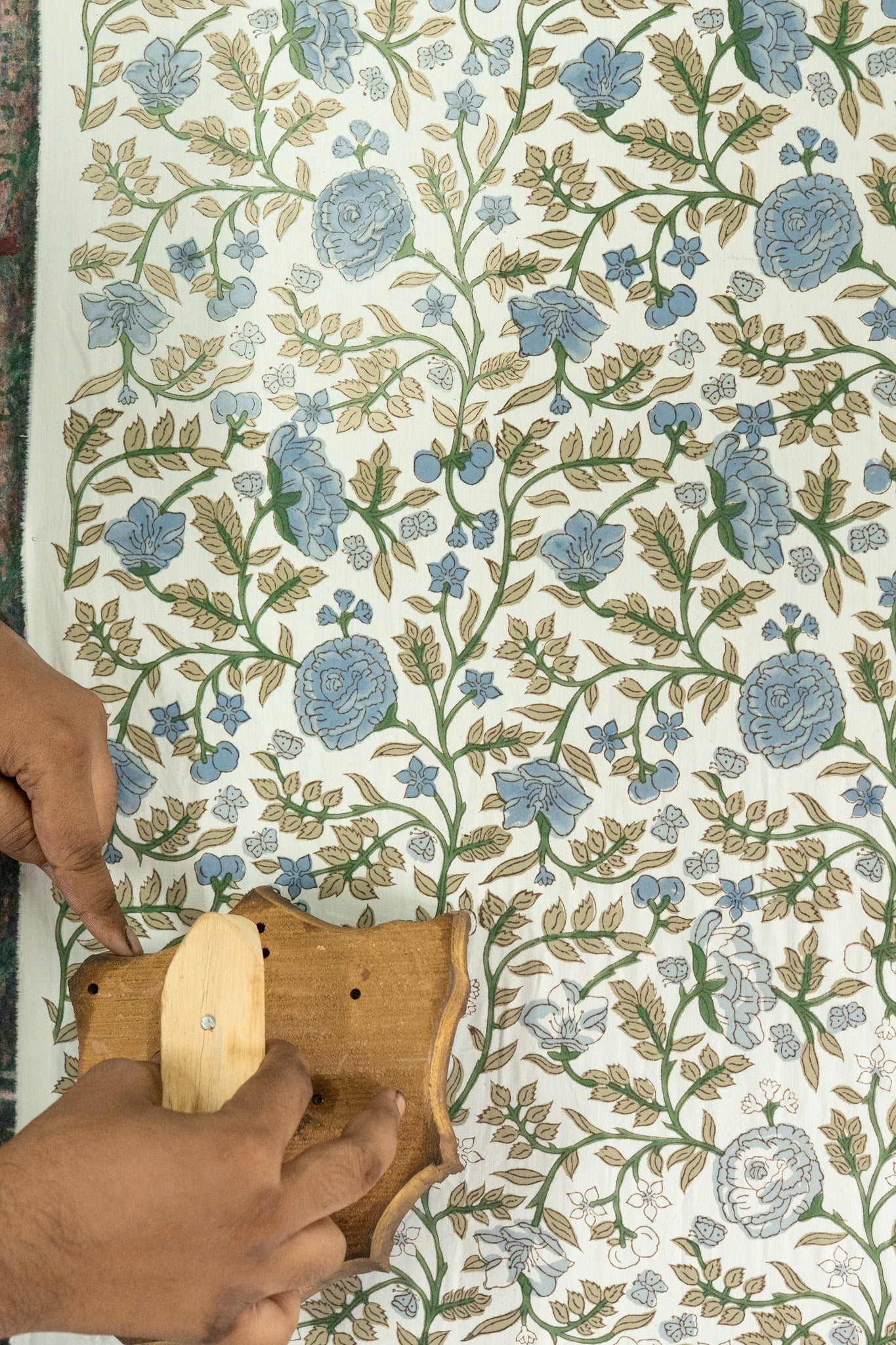 Block printing blue fabric