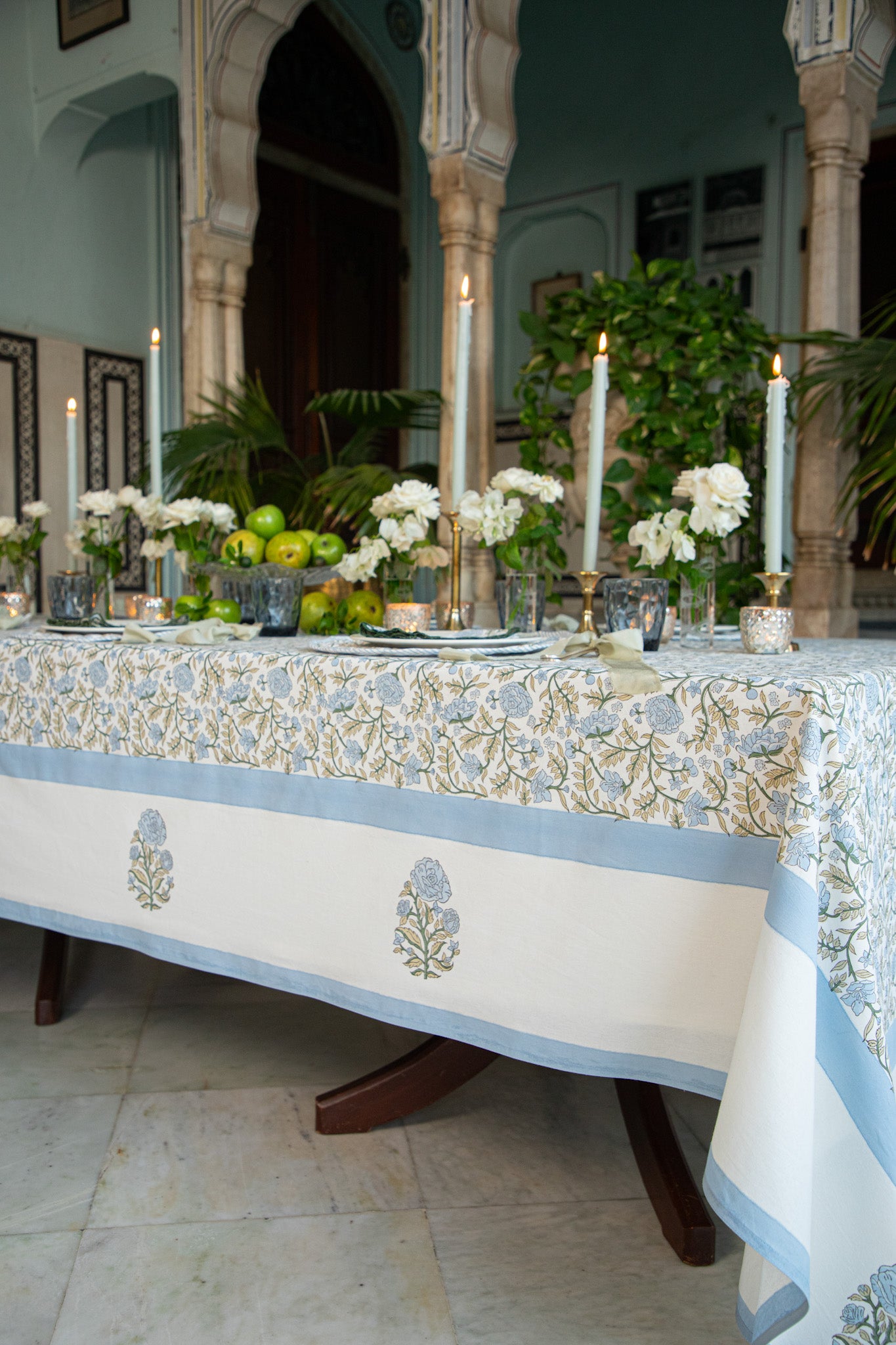 Side of block printed rose orchard tablescape