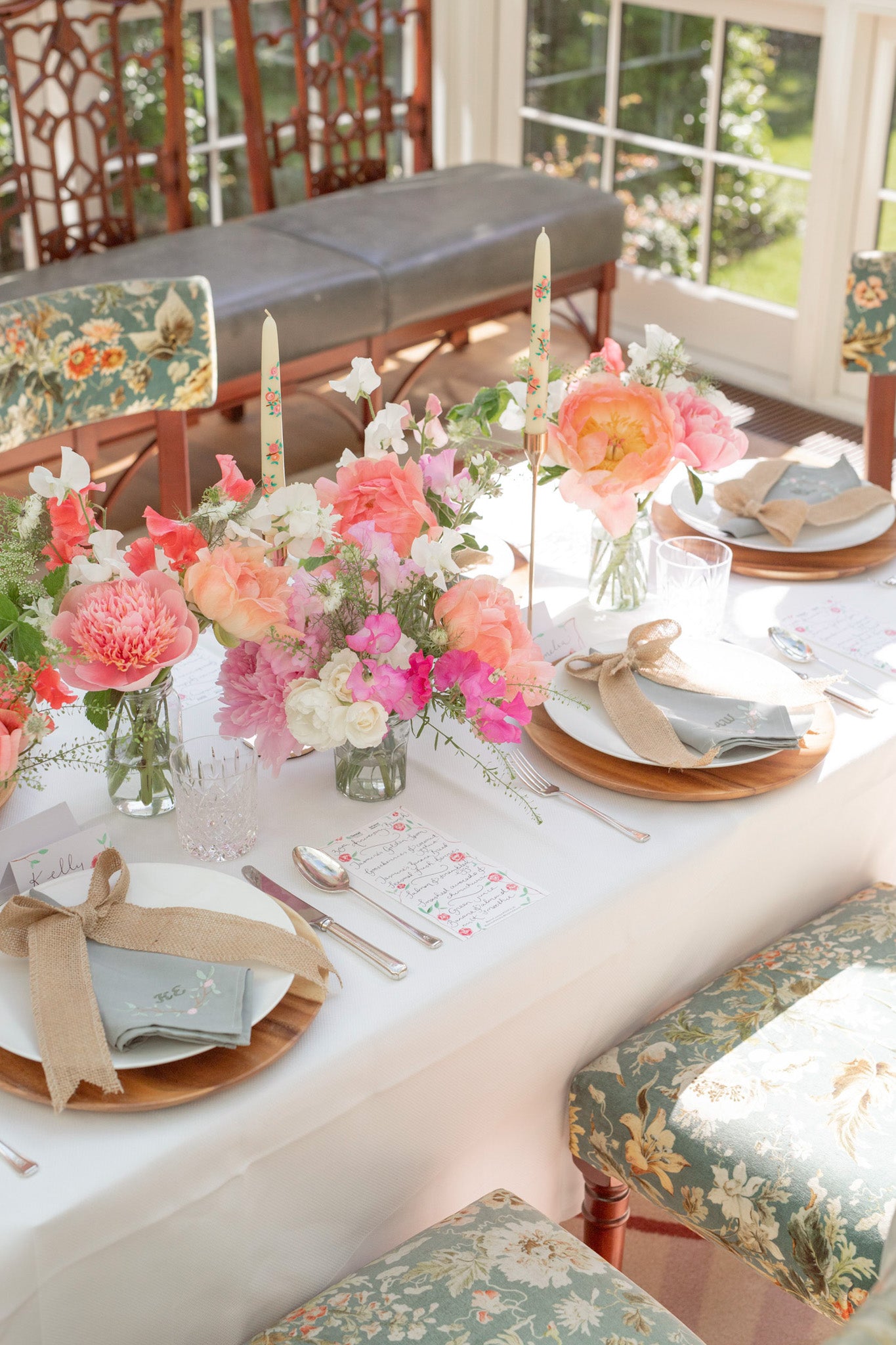 Details of a spring tablescape with peonies and hessian bows by Rosanna Falconer